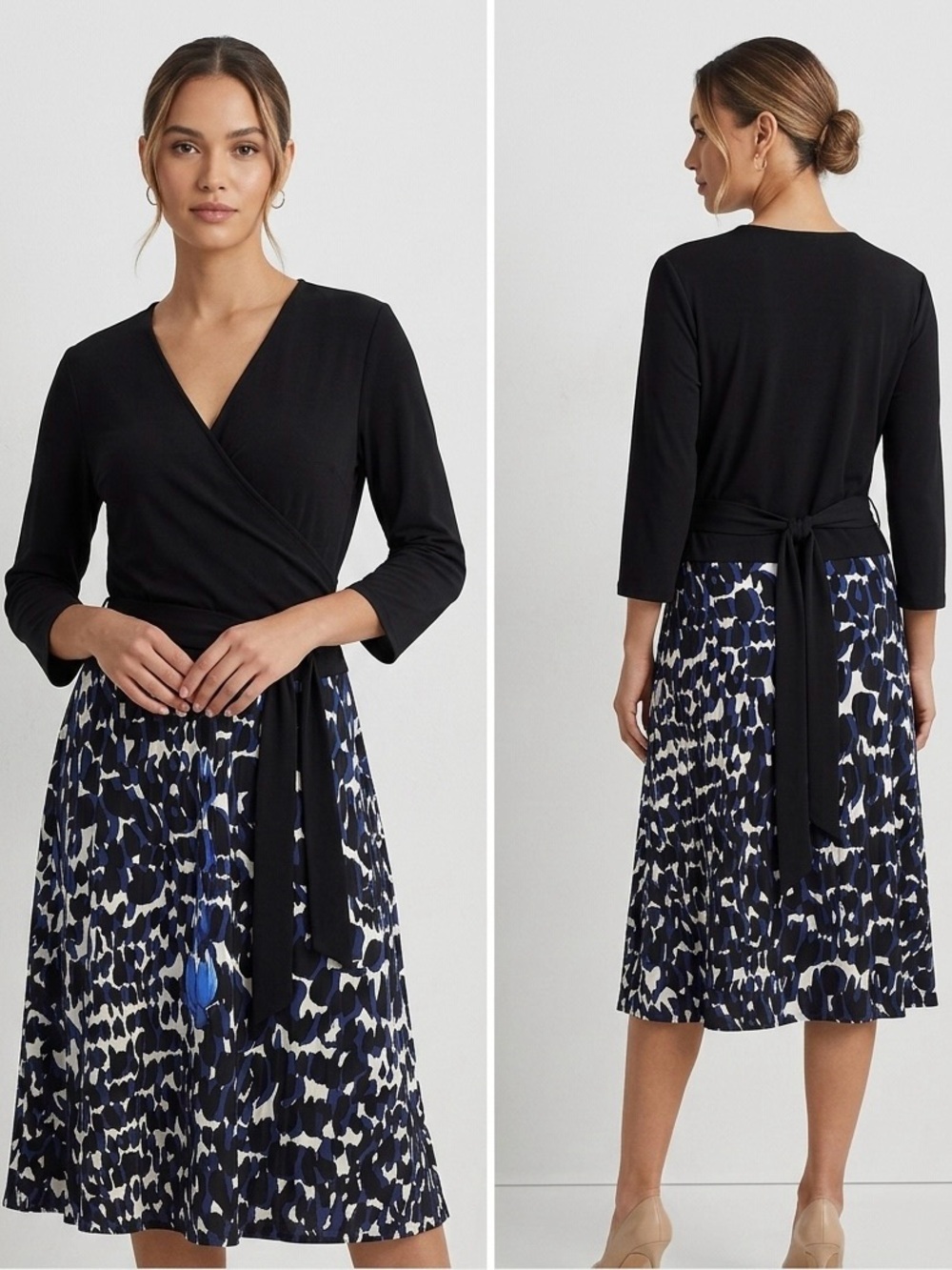 sahalie Black Wrap Top with Navy & White Printed Midi dress.